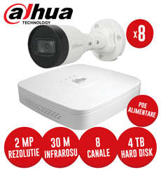 Sistem complet interior exterior, 8 camere 2MP, Infrarosu 30m, NVR 8 canale PoE, HDD 4TB -  KIT242