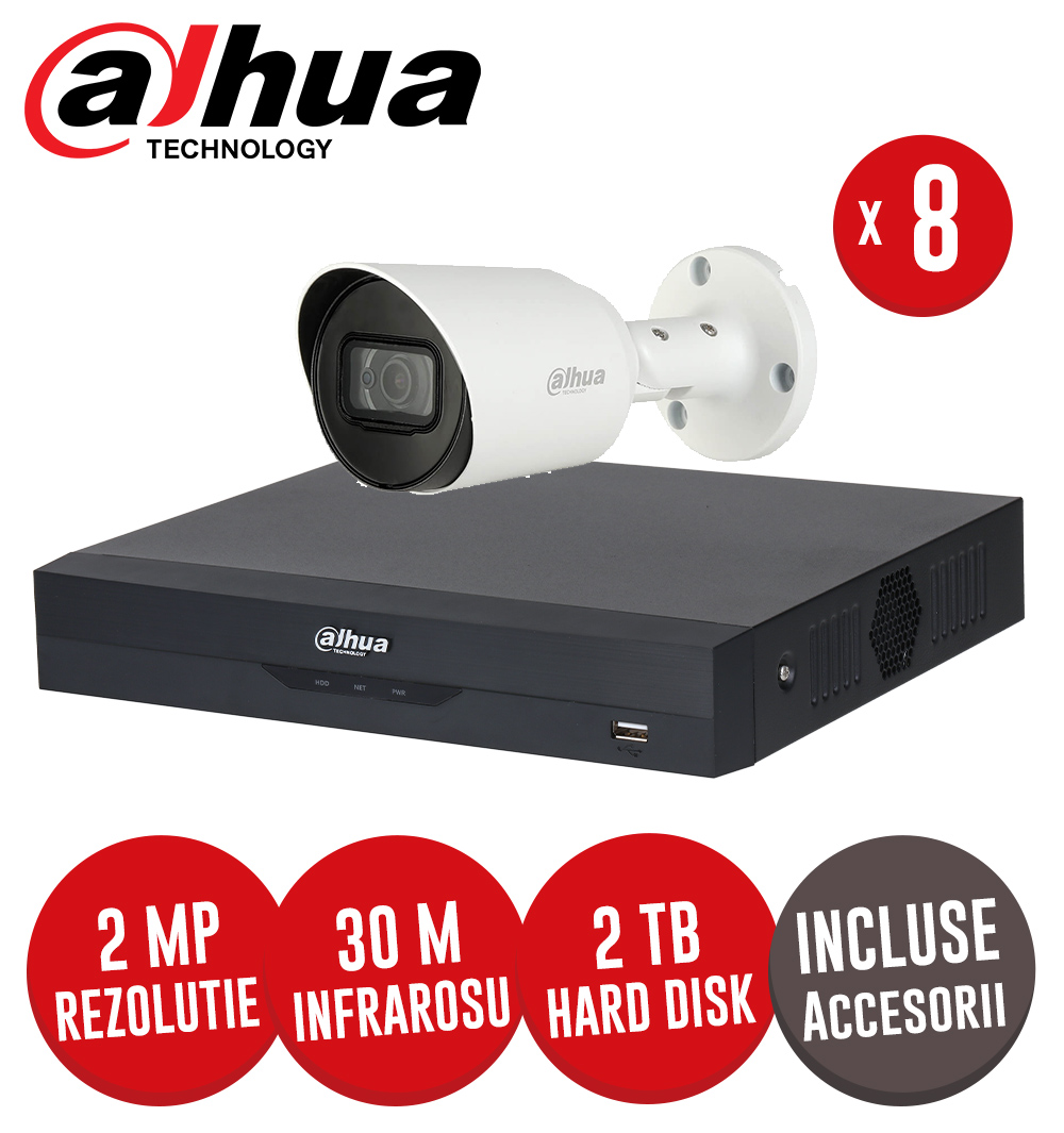 Sistem complet DVR 8 canale, 8 camere 2MP Starlight, exterior, accesorii, cablu UTP - KIT246