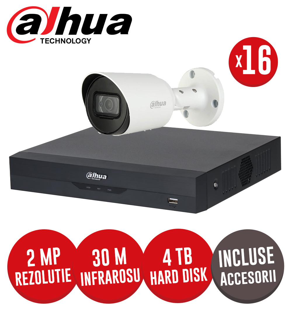 Sistem complet DVR 16 canale, 16 camere 2MP Starlight, exterior, accesorii, cablu UTP - KIT247