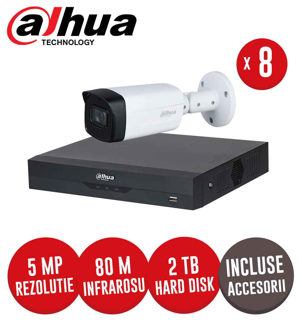 Sistem complet DVR 8 canale 8MP si 8 camere 5MP, IR 80m, SMD Plus, Accesorii, cablu coaxial - KIT370