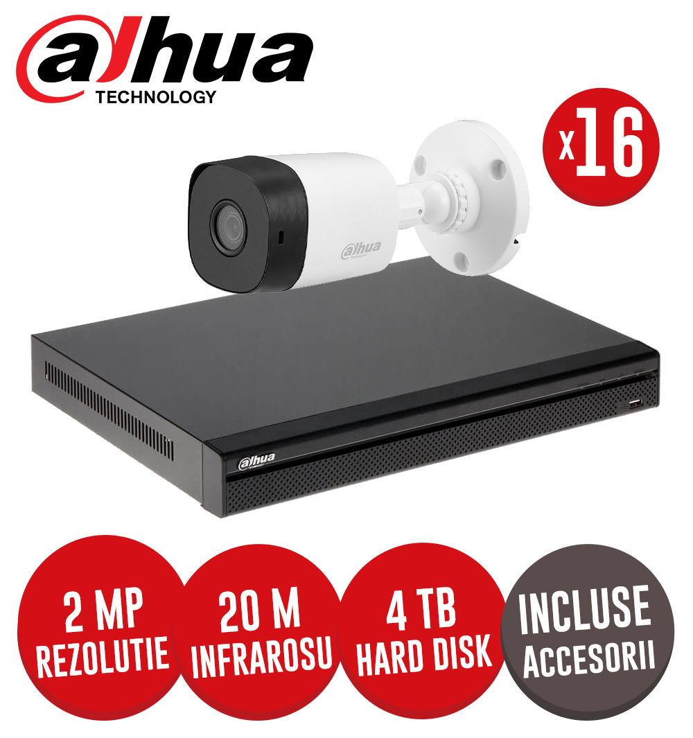 Sistem complet DVR 16 canale 4MP Lite, 16 camere 2MP, include accesorii, cablu UTP - KIT256
