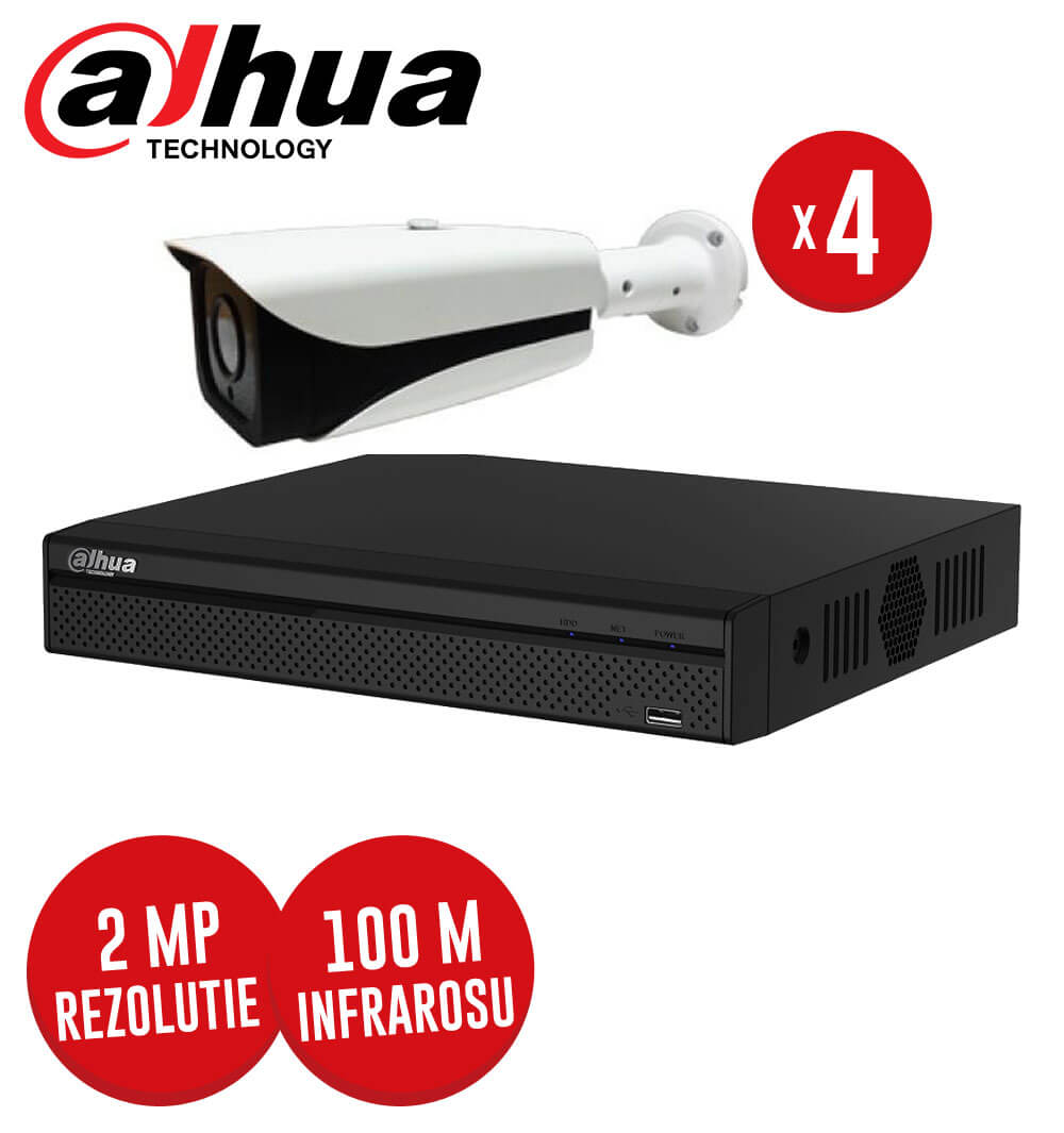 Pachet DVR 4 canale + 4 camere 2MP, IR 100 metri, exterior -  KIT79