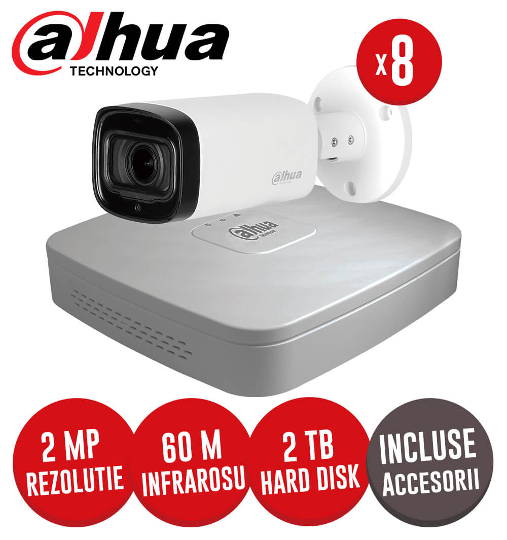 Sistem complet DVR 8 canale, 8 camere 2 MP, Zoom motorizat, incluse accesorii, cablu -  KIT149