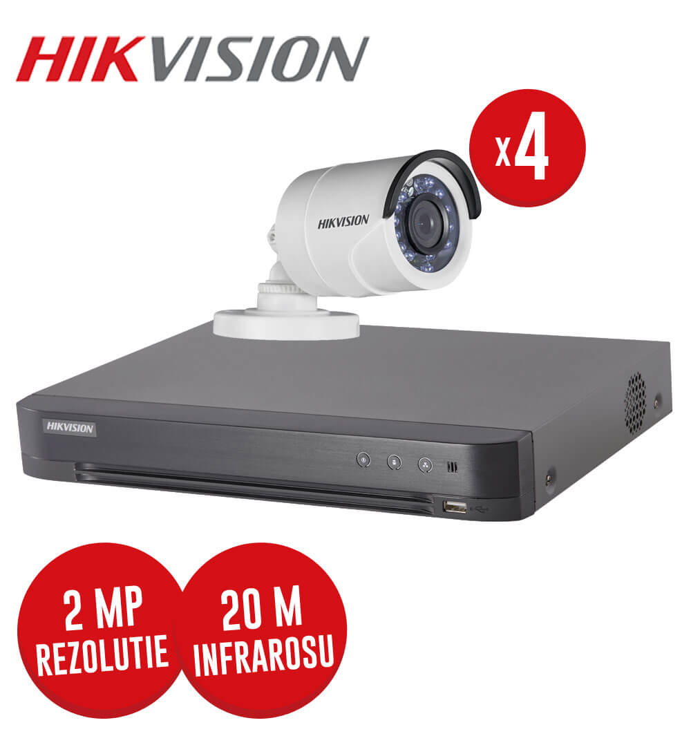 Pachet DVR 4 canale + 4 camere exterior, 2 MP, IR 20 m, Hikvision, fara accesorii -  KIT83