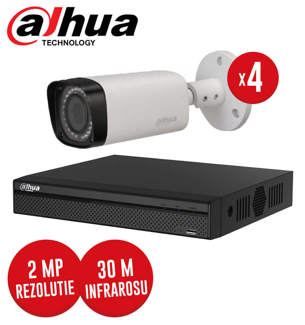 Pachet DVR 4 canale + 4 camere, exterior, 2 MP, Varifocale, IR 30m, fara accesorii - KIT93