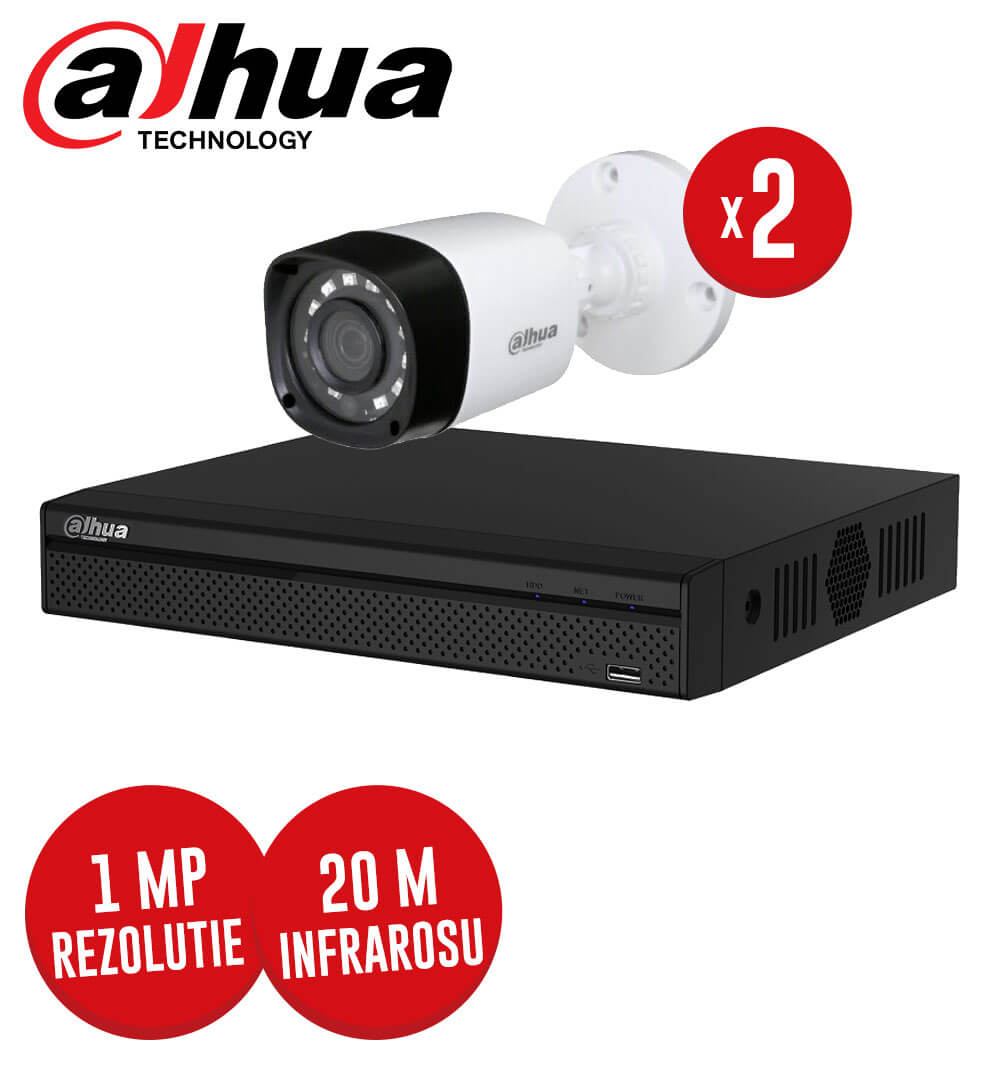 Pachet DVR 4 canale + 2 camere exterior 1MP, Dahua, fara accesorii -  KIT92