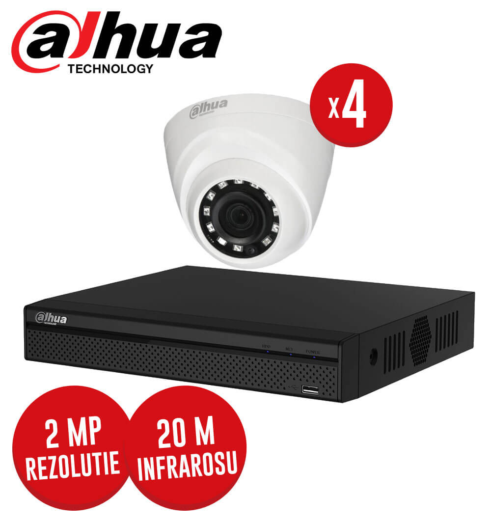 Pachet DVR 4 canale + 4 camere Interior Dahua, 2 MP, IR 20 metri, fara accesori -  KIT106