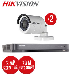 Pachet DVR 4 canale + 2 camere exterior Hikvision, 2 MP, IR 20 metri, fara accesorii -  KIT70