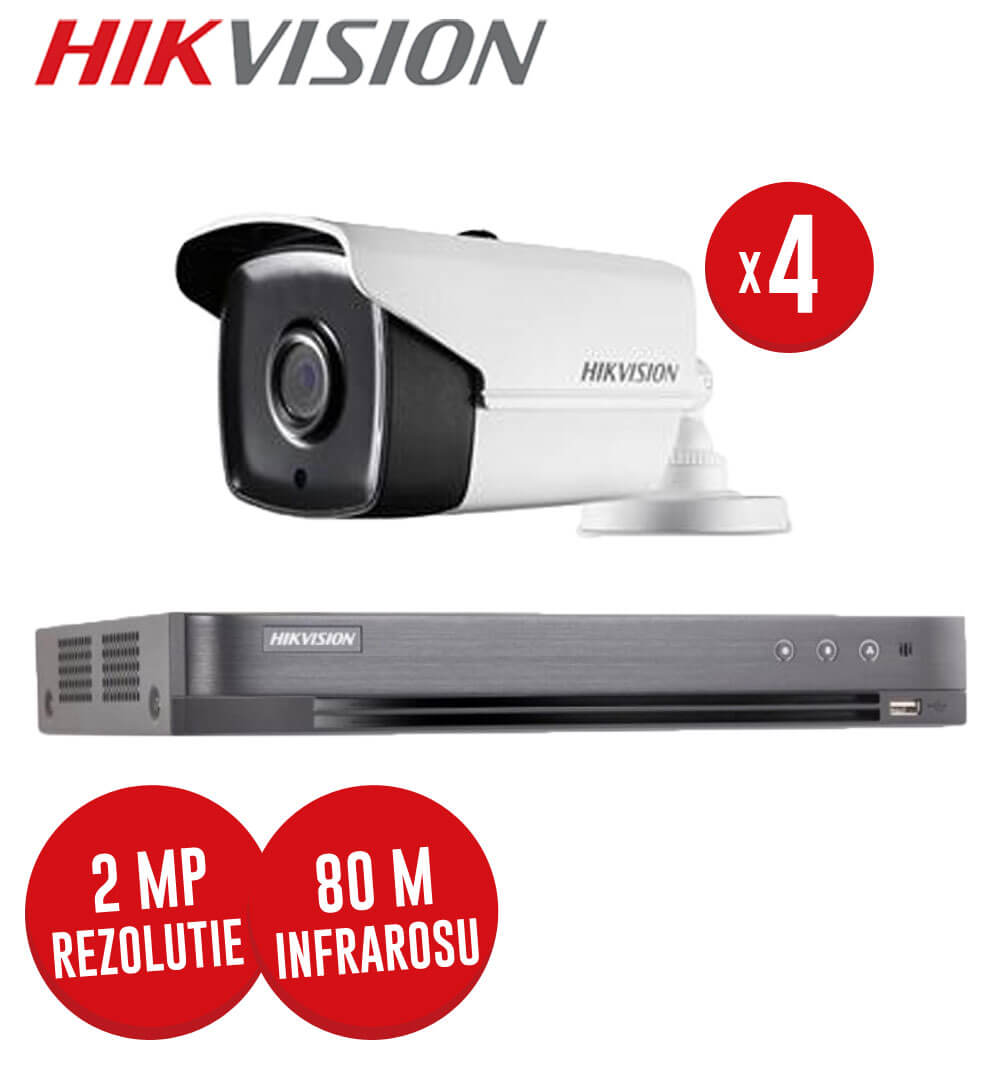 Pachet DVR 4 canale si 4 camere exterior 2 Megapixeli, IR 80 metri - Hikvision -  KIT72
