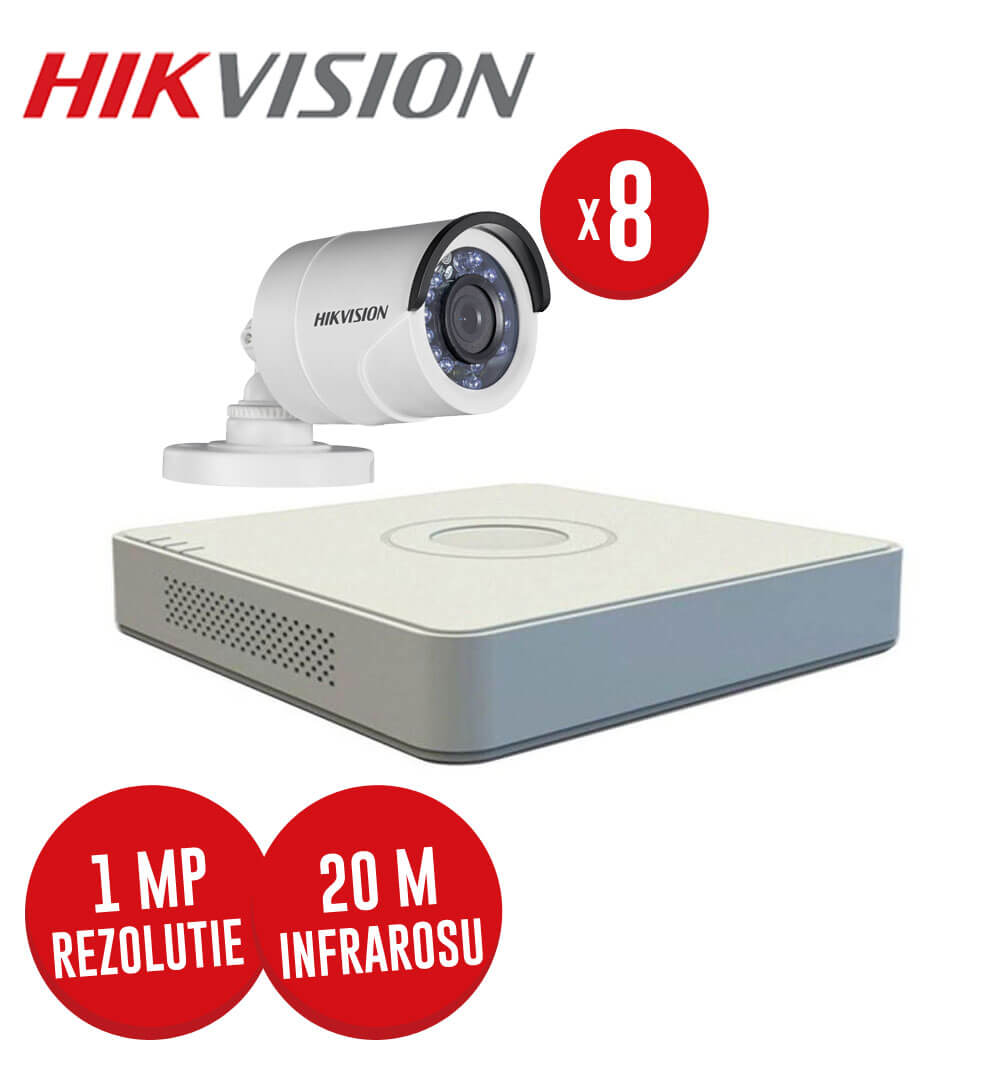 Pachet DVR 8 canale + 8 camere exterior 1 MP, IR 20 metri, Hikvision -  KIT85
