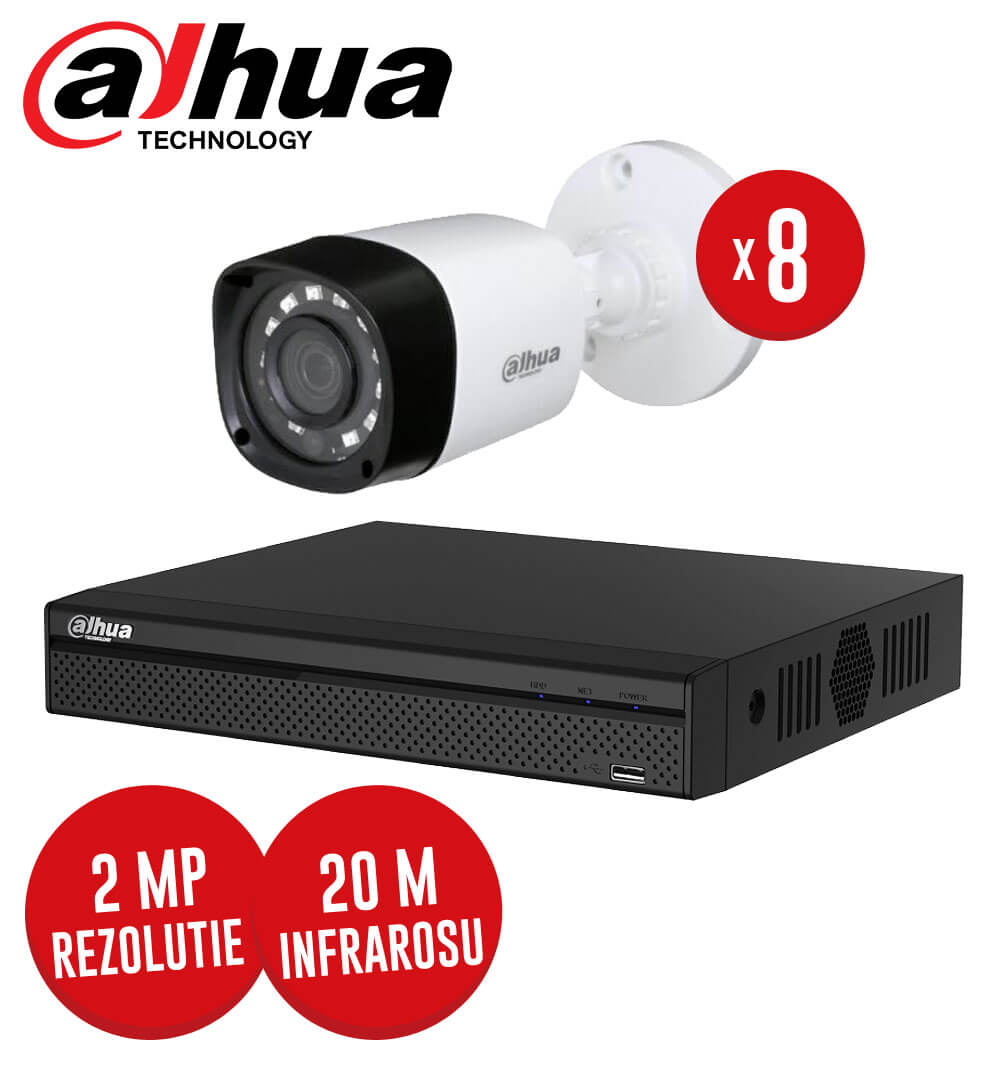 Pachet DVR 8 canale + 8 camere, exterior, 2 MP, IR 20m, fara accesorii -  KIT99