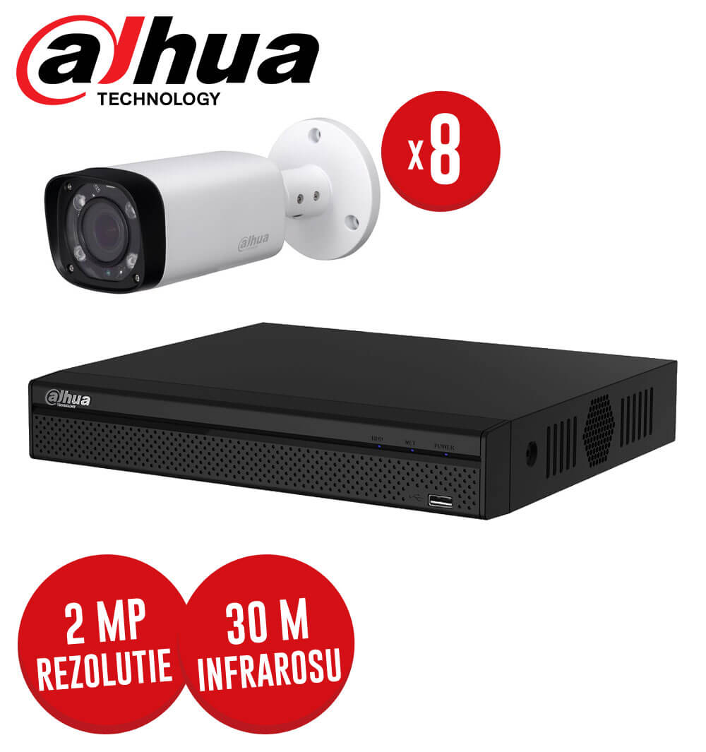 Pachet DVR 8 canale + 8 camere, exterior, 2 MP, Varifocale, IR 30m, fara accesorii - KIT94