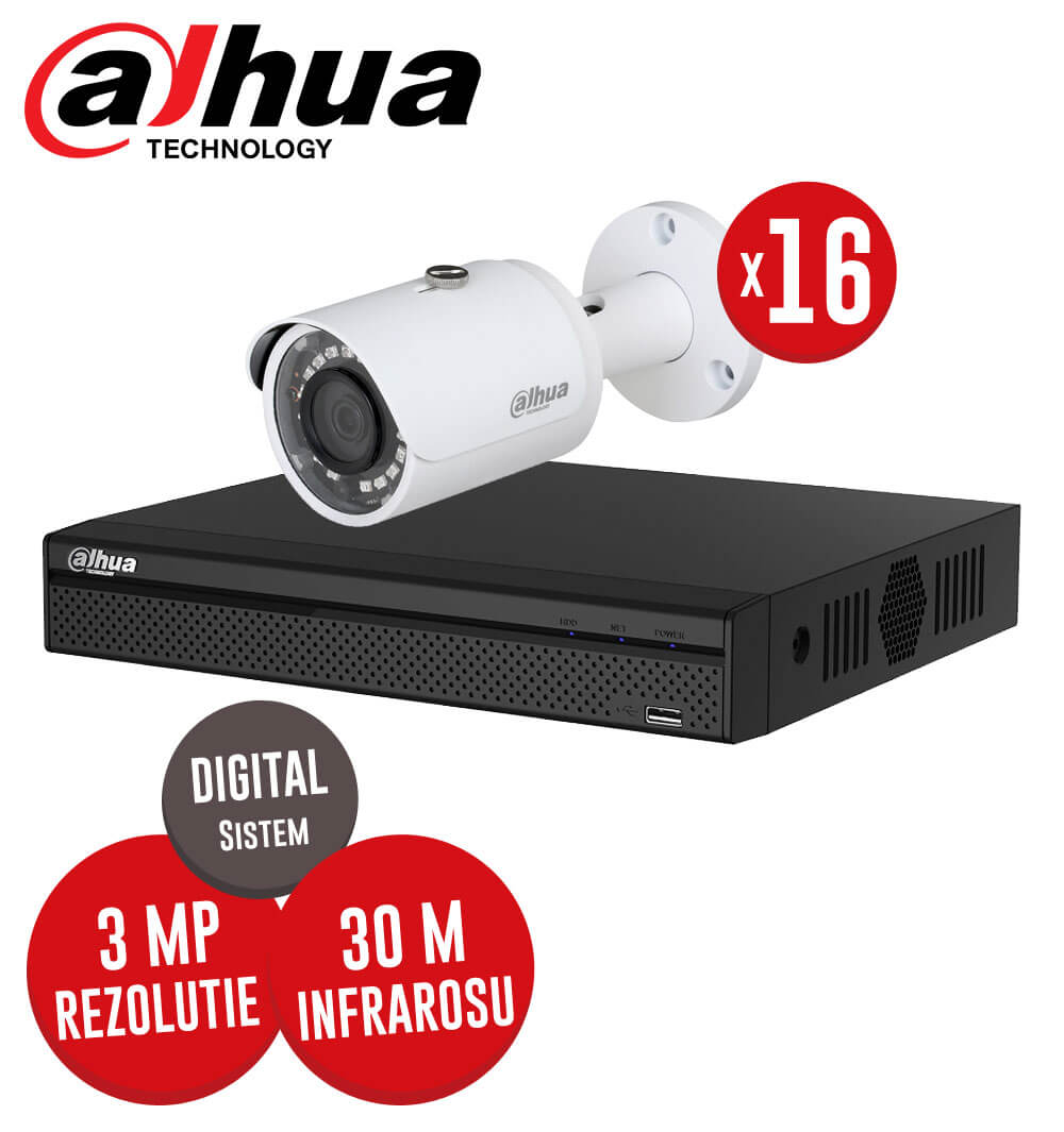 Pachet NVR 16 canale + 16 camere IP, exterior, 3 MP, IR 30 m, Dahua, fara accesorii -  KIT101