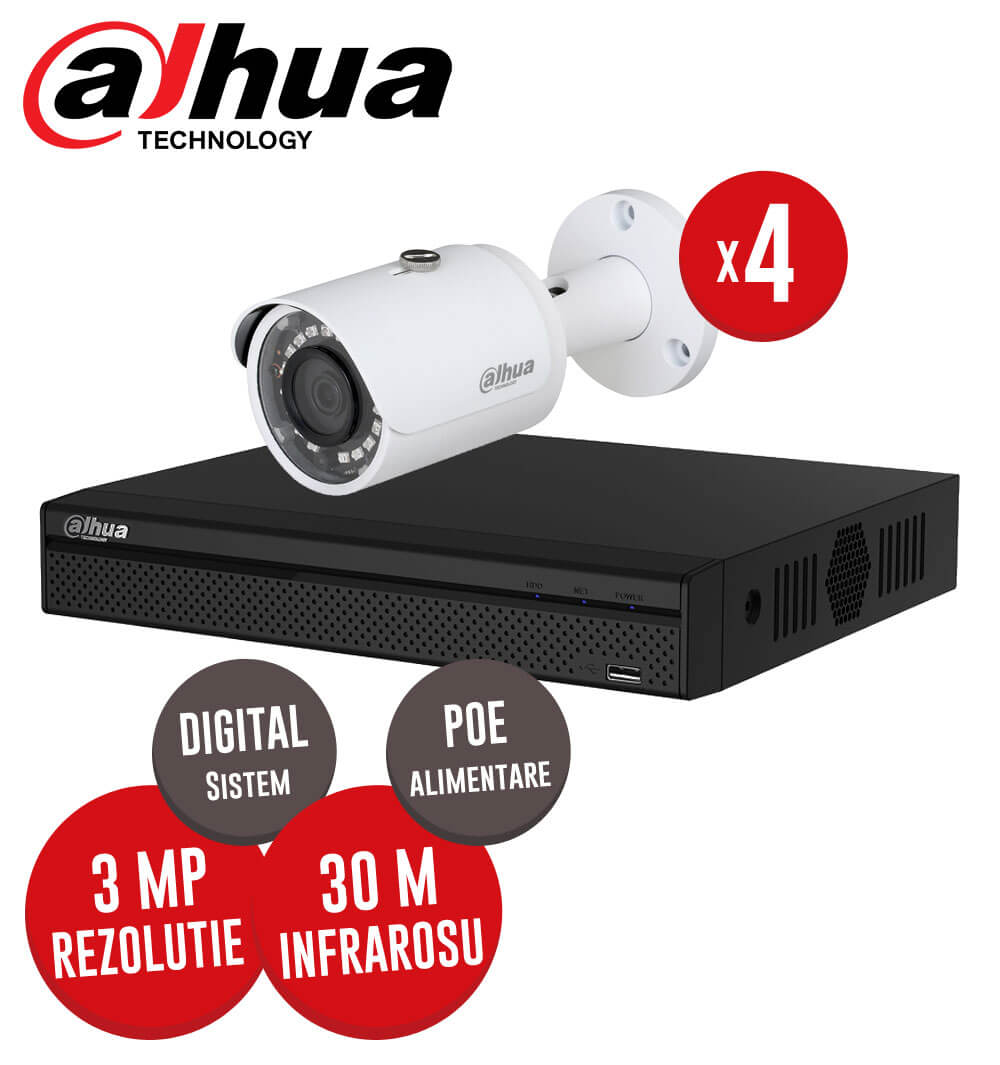 Pachet NVR 4 canale POE + 4 camere IP, exterior, 3 MP, IR 30 m, Dahua -  KIT59