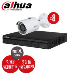 Pachet NVR 8 canale + 8 camere IP, exterior, 3 MP, IR 30 m, Dahua, fara accesorii - KIT100