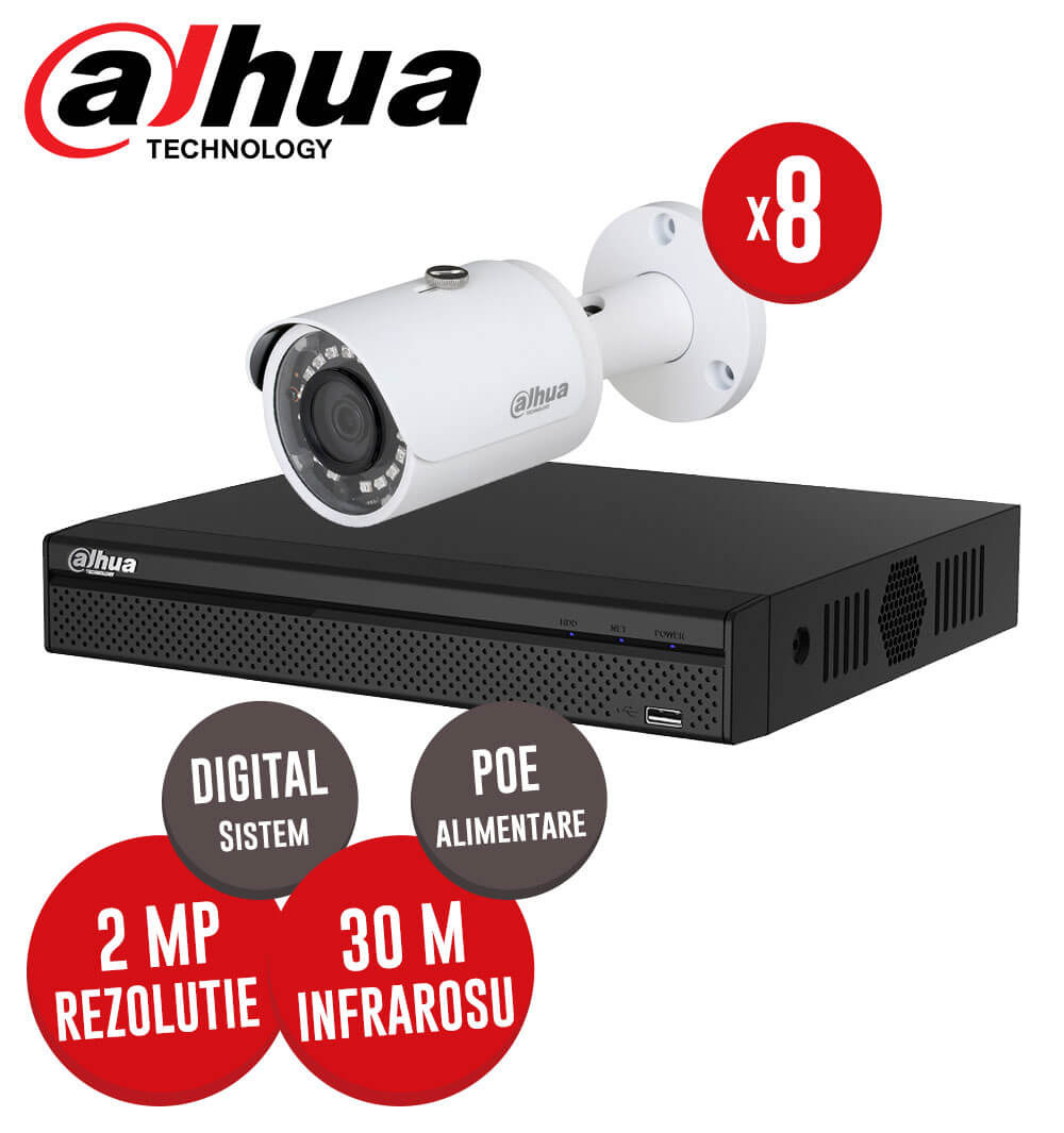 Pachet NVR 8 canale POE + 8 camere IP, exterior, 2 MP, IR 30 m, Dahua, fara accesorii -  KIT62