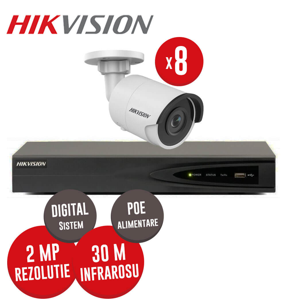 Pachet NVR cu POE + 8 camere IP 2 MP, exterior, IR 30 metri, Hikvision -  KIT89