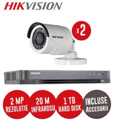 Sistem complet DVR 4 canale, 2 camere 2 Megapixeli Hikvision, incluse accesorii, cablu -  KIT71