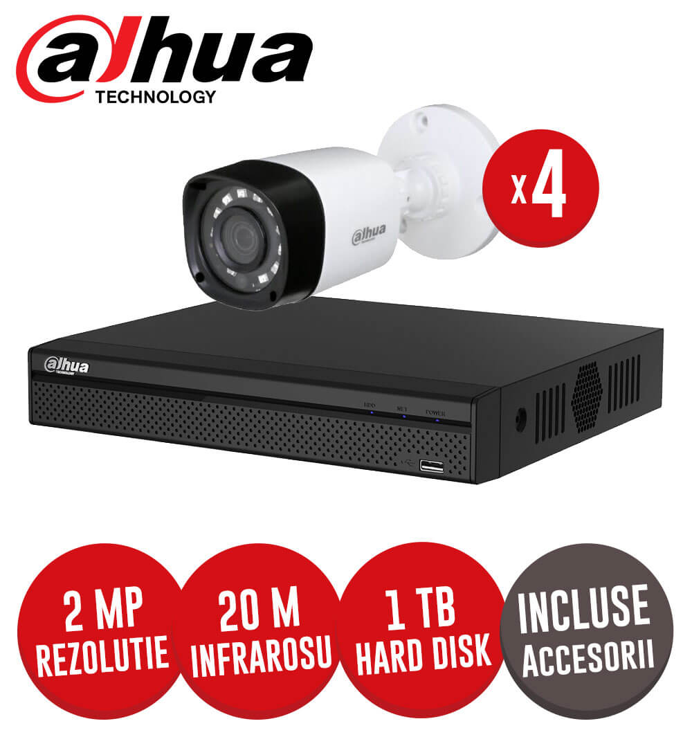 Sistem complet DVR 1080P, 4 camere exterior 2 Megapixeli Dahua, accesorii si cabluri -  KIT65