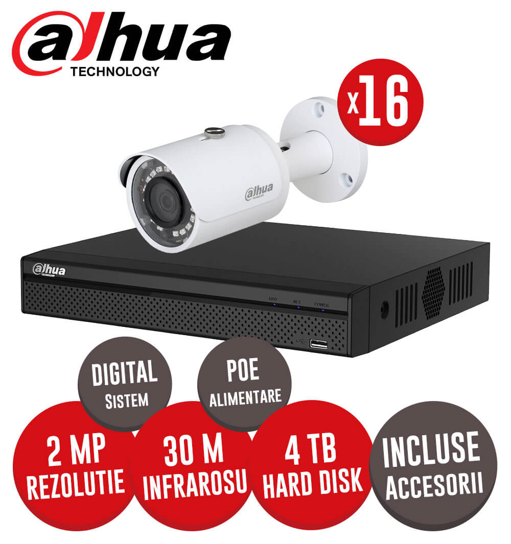 Pachet NVR, 16 camere IP, exterior, 2 MP, IR 30 m, Dahua, 2 Switch-uri POE, accesorii -  KIT81