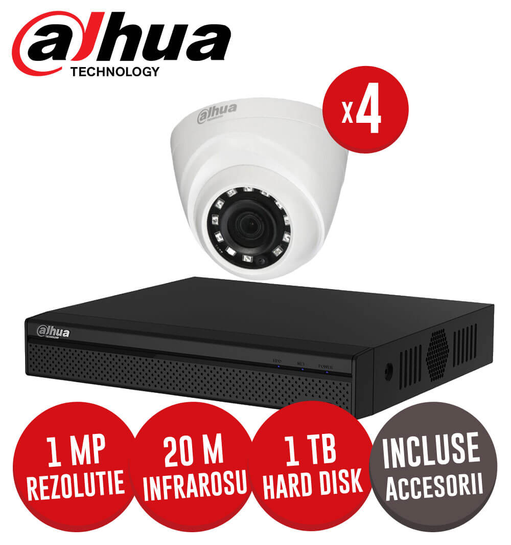 Sistem complet DVR 1080N, 4 camere Interior 1MP Dahua, accesorii si cabluri - KIT104