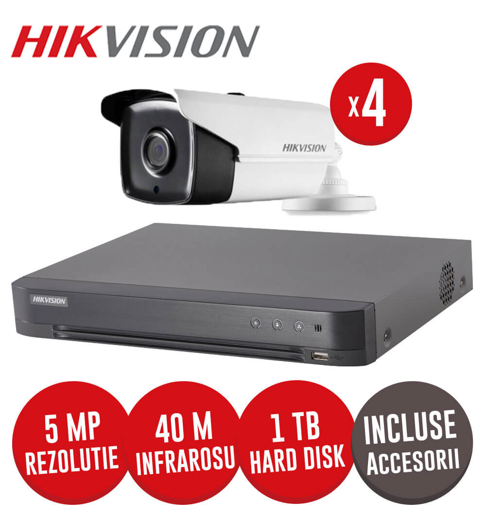 Sistem complet DVR 4 canale, 4 camere 5MP Hikvision, IR 40m, HDD 1TB + accesorii -  KIT123