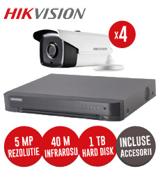 Sistem complet DVR 4 canale, 4 camere 5MP Hikvision, IR 40m, HDD 1TB + accesorii -  KIT123