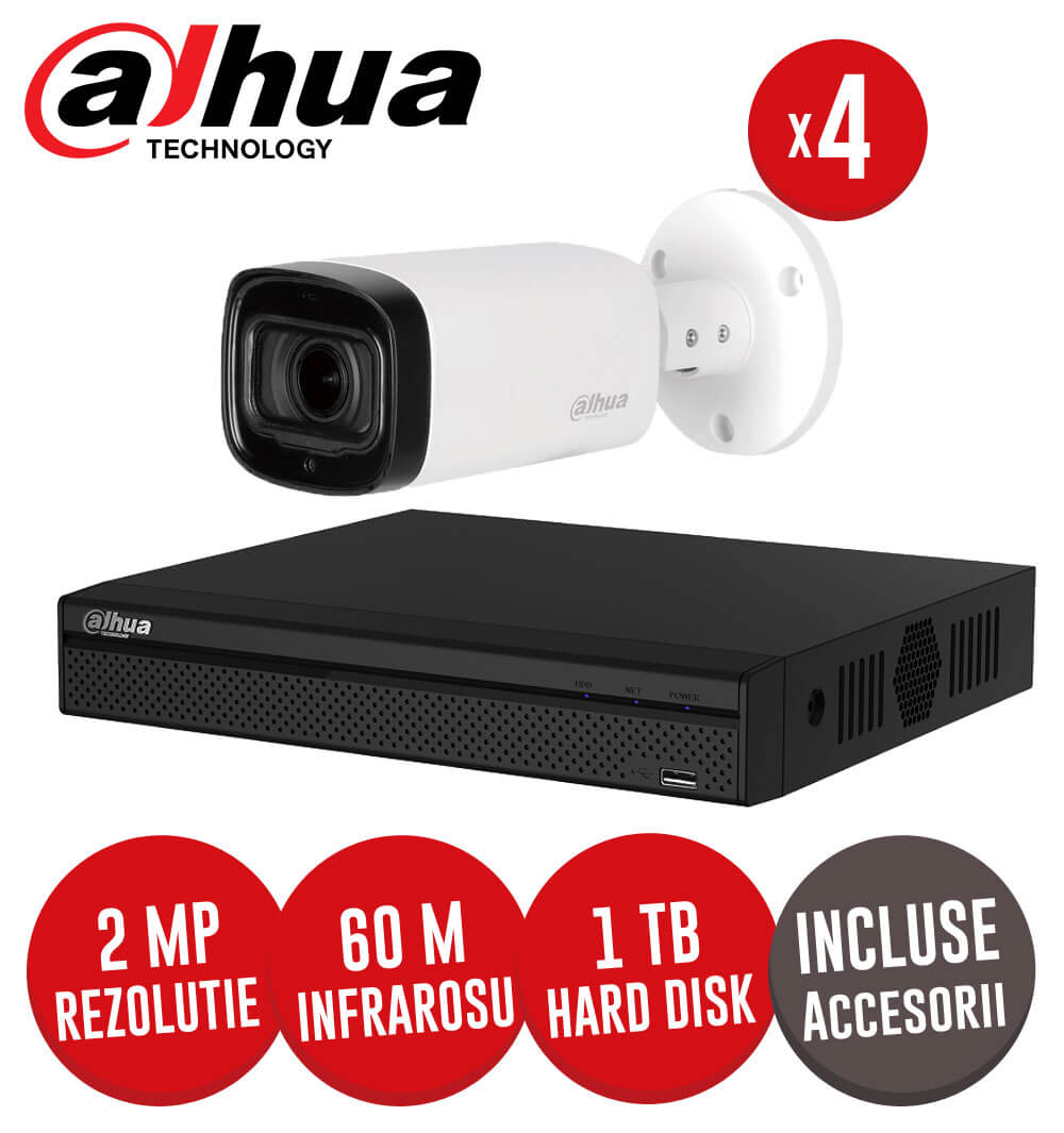 Sistem complet DVR 4 canale, 4 camere 2 MP, Zoom motorizat, incluse accesorii, cablu -  KIT148