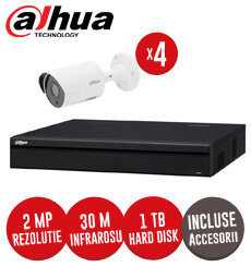 Sistem complet DVR 4 canale, 4 camere 2MP, IR 30 metri, Dahua, HDD 1TB + accesorii -  KIT107