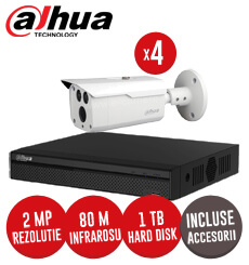 Sistem complet DVR 4 canale, 4 camere 2MP, IR 80 metri, HDD 1TB + accesorii Dahua -  KIT111
