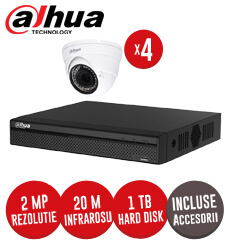 Sistem complet DVR 4 canale, 4 camere 2MP, Interior, IR 20m Dahua, HDD 1TB + accesorii - KIT105