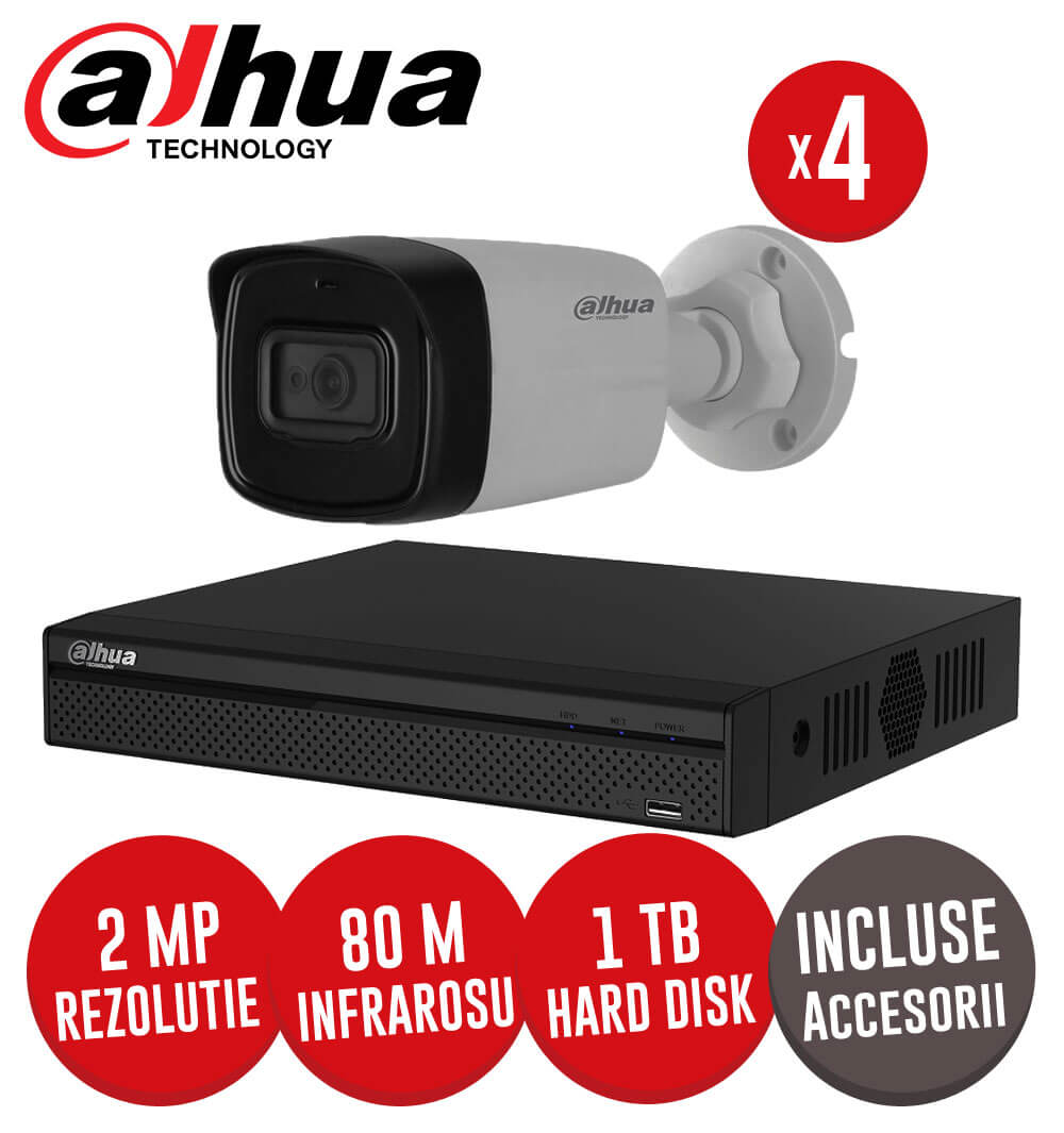 Sistem complet DVR 4 canale, 4 camere 2MP Starlight, IR 80m, accesorii, SMD+, cablu coaxial - KIT157
