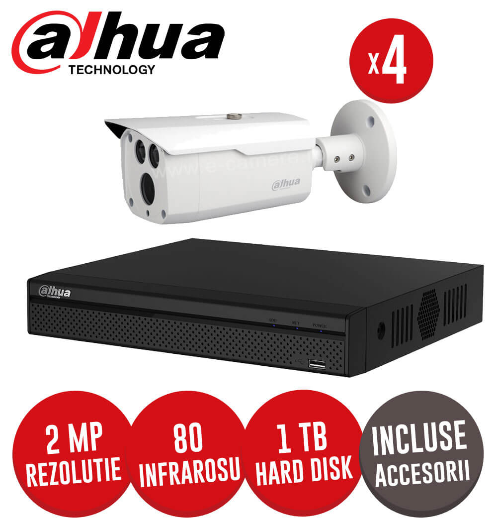 Sistem complet DVR 4 canale, 4 camere 2MP, Starlight , IR 80m, HDD 1TB + accesorii -  KIT150
