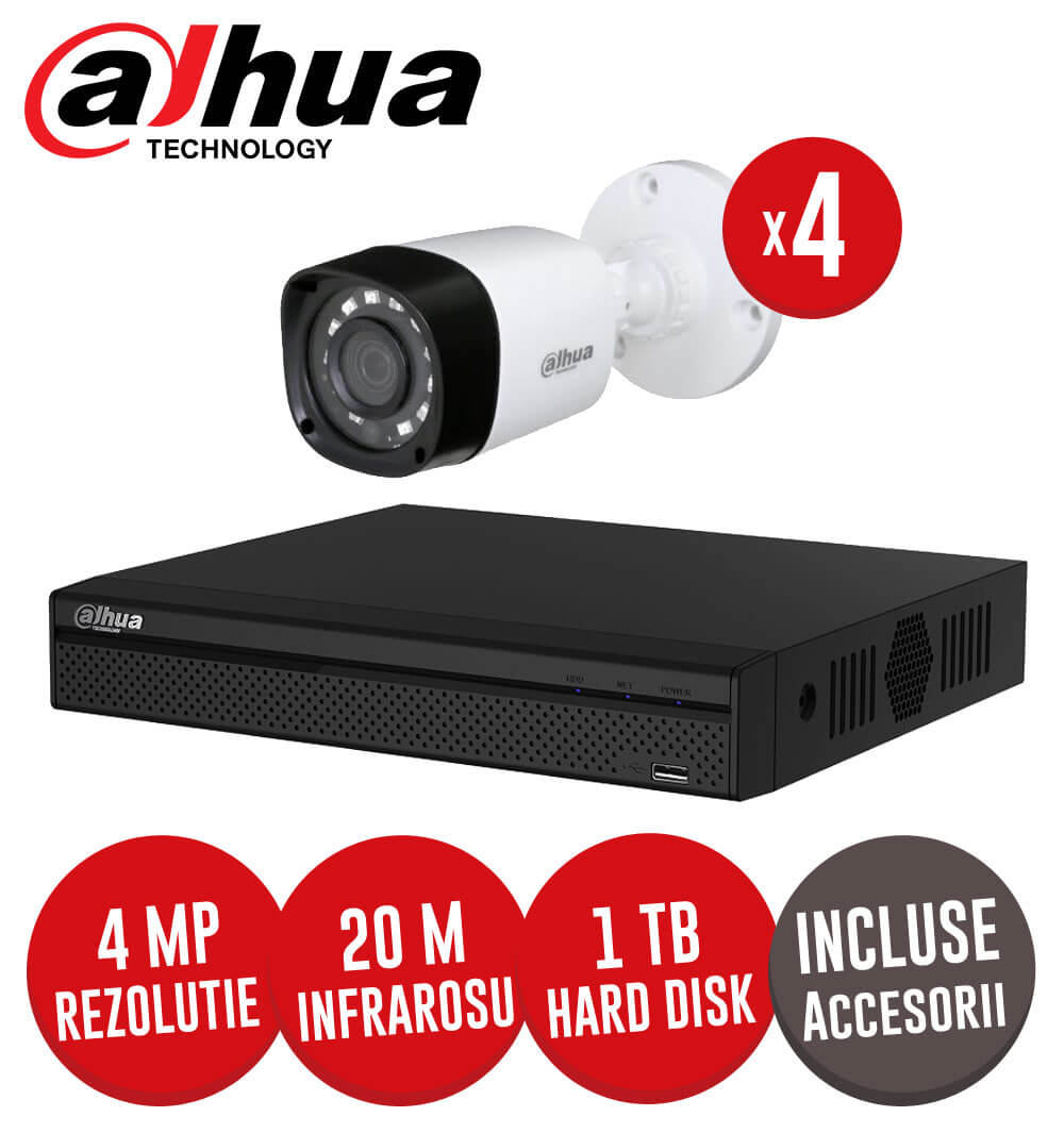 Sistem complet DVR 4 canale, 4 camere 4MP, IR 20 metri, HDD 1TB + accesorii-  KIT127