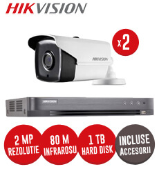 Sistem complet DVR 4 canale, 2 camere 2MP, IR 80 metri, Hikvision, HDD 1TB + accesorii -  KIT75
