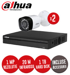 Sistem complet DVR 4 canale, 2 camere 1 MP Dahua, exterior, incluse accesorii, cablu -  KIT90