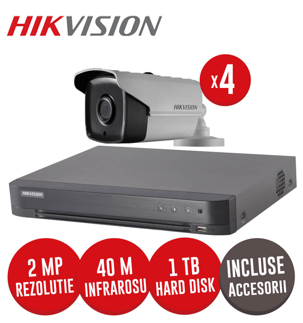 Sistem complet DVR 4 canale, 4 camere 2MP Hikvision, IR 40m, HDD 1TB + accesorii -  KIT117