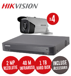 Sistem complet DVR 4 canale, 4 camere 2MP Hikvision, IR 40m, HDD 1TB + accesorii -  KIT117