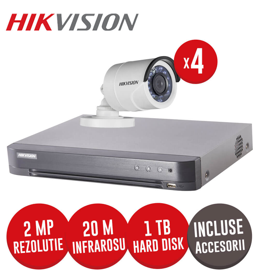 Sistem complet DVR 4 canale, 4 camere 2MP, IR 20 metri, Hikvision, HDD 1TB + accesorii -  KIT82