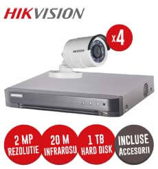 Sistem complet DVR 4 canale, 4 camere 2MP, IR 20 metri, Hikvision, HDD 1TB + accesorii -  KIT82