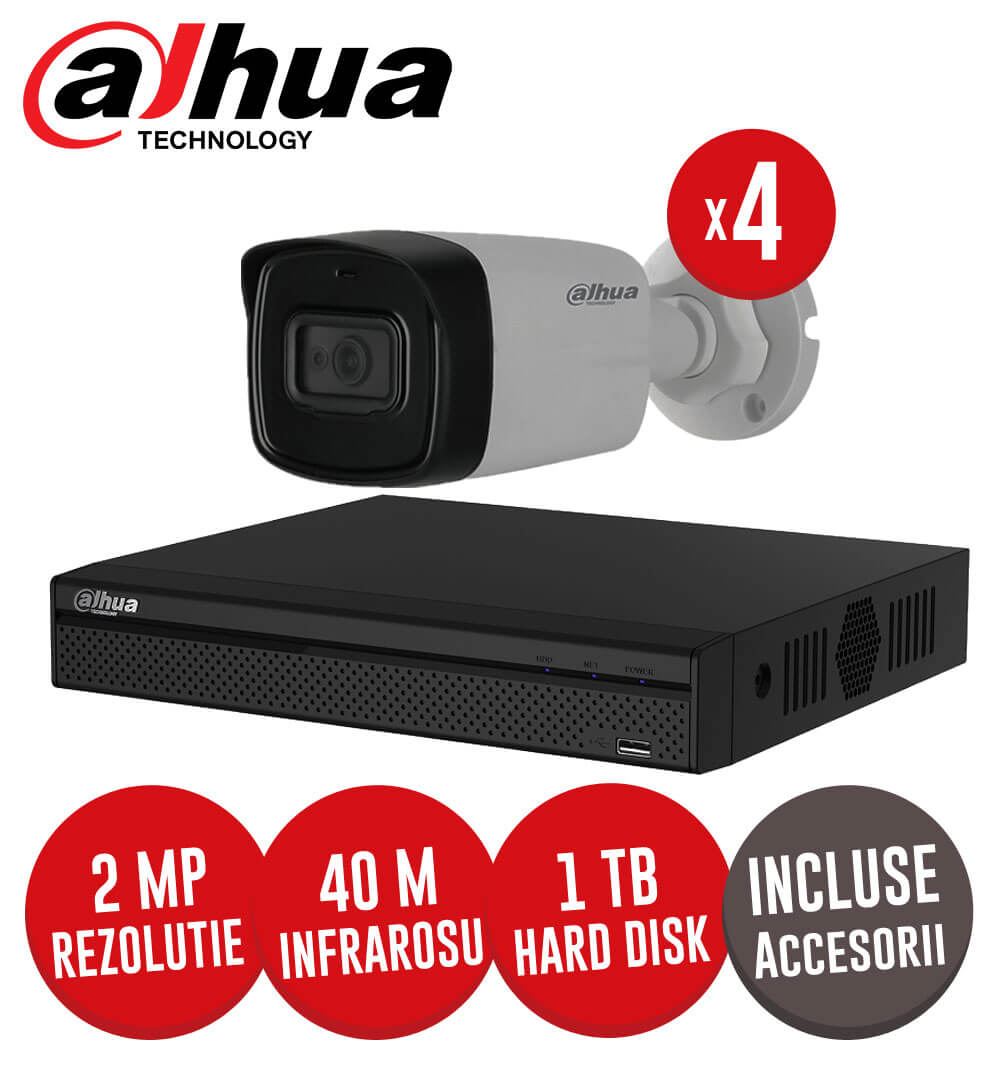 Sistem complet DVR 4 canale, 4 camere 2MP, Starlight, IR 80 metri, HDD 1TB + accesorii - KIT130