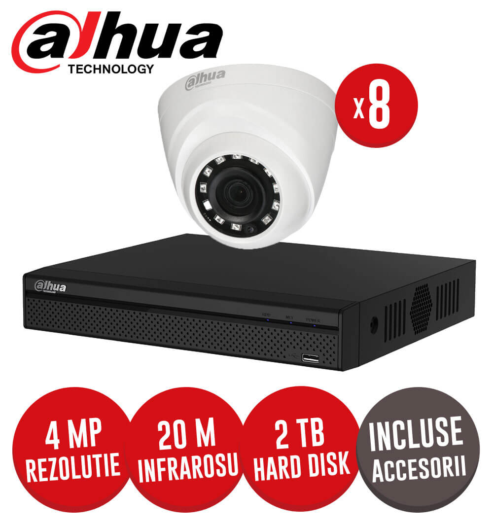 Sistem complet DVR 8 canale, 8 camere 4MP, IR 20 metri, HDD 1TB + accesorii -  KIT129