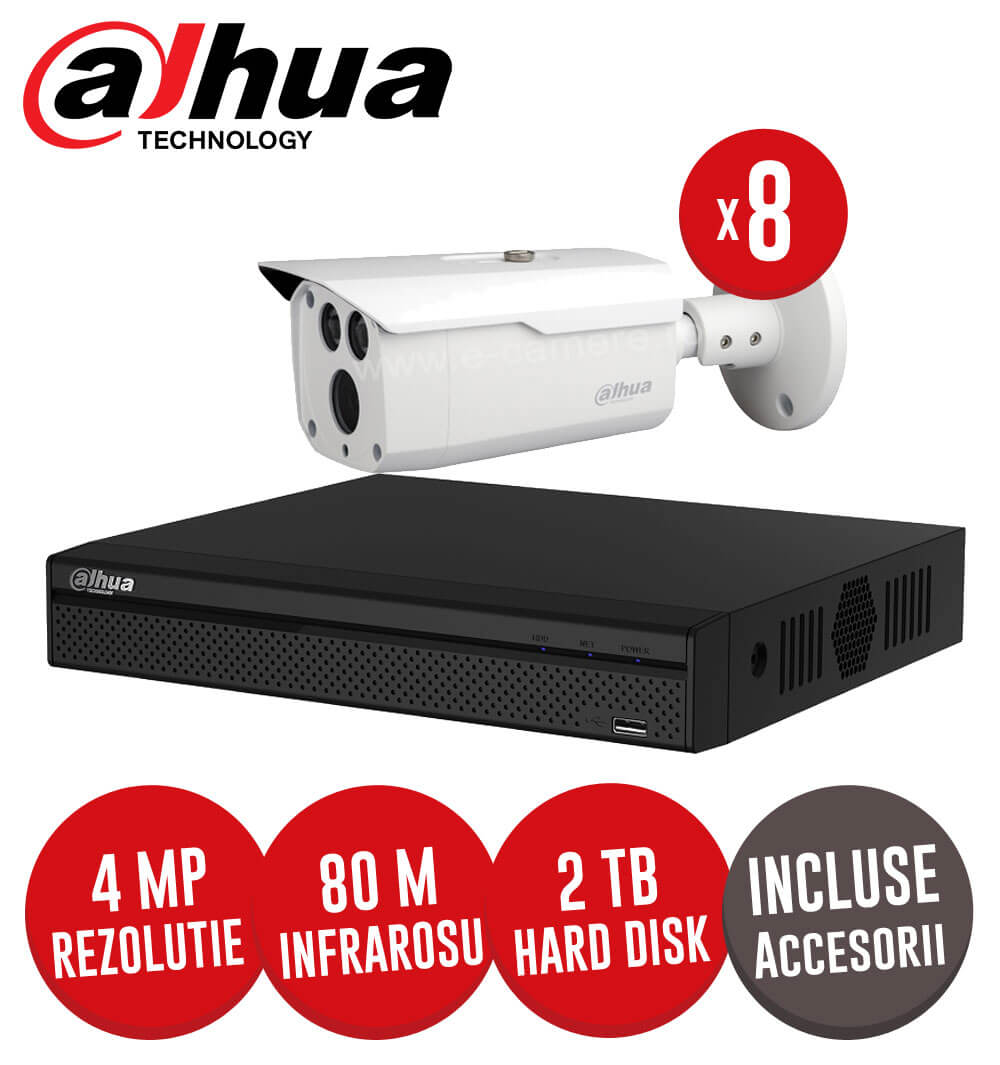 Sistem complet DVR 8 canale, 8 camere 5MP, IR 80 metri, HDD 2TB + accesorii -  KIT125