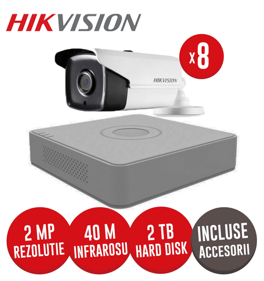 Sistem complet DVR 8 canale, 8 camere 2MP Hikvision, IR 40m, HDD 2TB + accesorii -  KIT119
