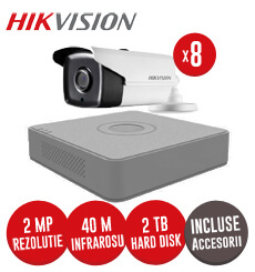 Sistem complet DVR 8 canale, 8 camere 2MP Hikvision, IR 40m, HDD 2TB + accesorii -  KIT119