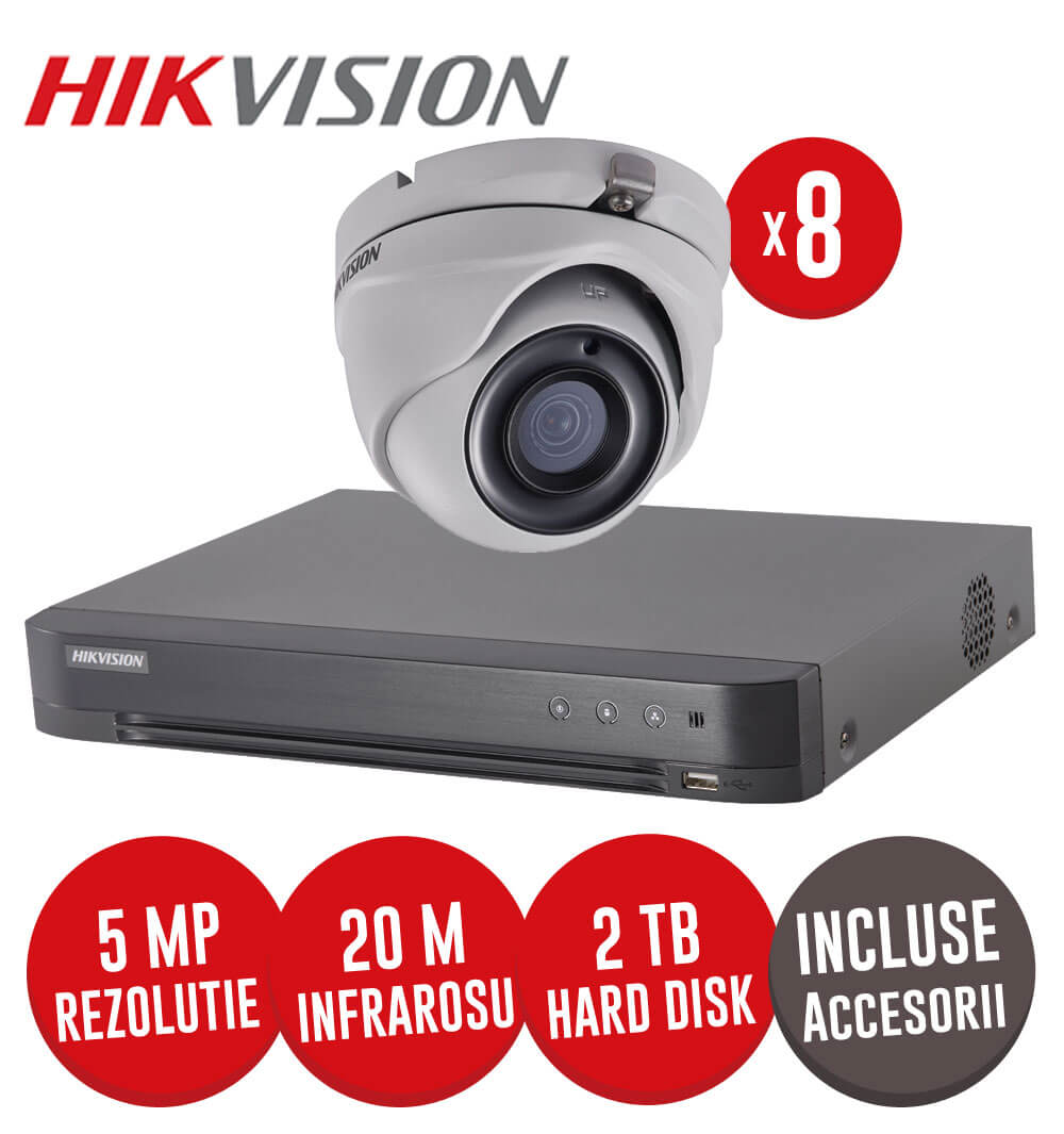 Sistem complet DVR 8 canale, 8 camere 5MP Hikvision, IR 20m, HDD 2TB + accesorii-  KIT121