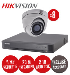 Sistem complet DVR 8 canale, 8 camere 5MP Hikvision, IR 20m, HDD 2TB + accesorii-  KIT121