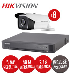 Sistem complet DVR 8 canale, 8 camere 5MP Hikvision, IR 40m, HDD 2TB + accesorii-  KIT122