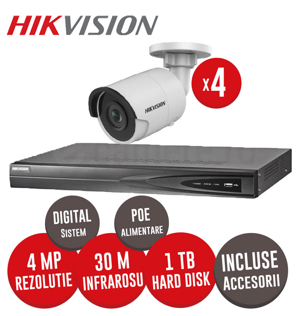 Sistem complet NVR 4 canale, 4 camere 4MP, exterior, incluse accesorii, cablu -  KIT142
