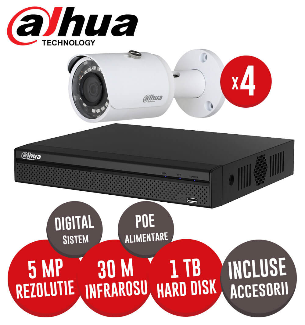 Sistem complet NVR 4 canale, 4 camere 5MP Dahua, exterior, incluse accesorii, cablu -  KIT139